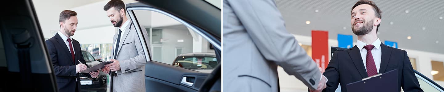 collage images of a salesman showing a clipboard and shaking hands at a dealership